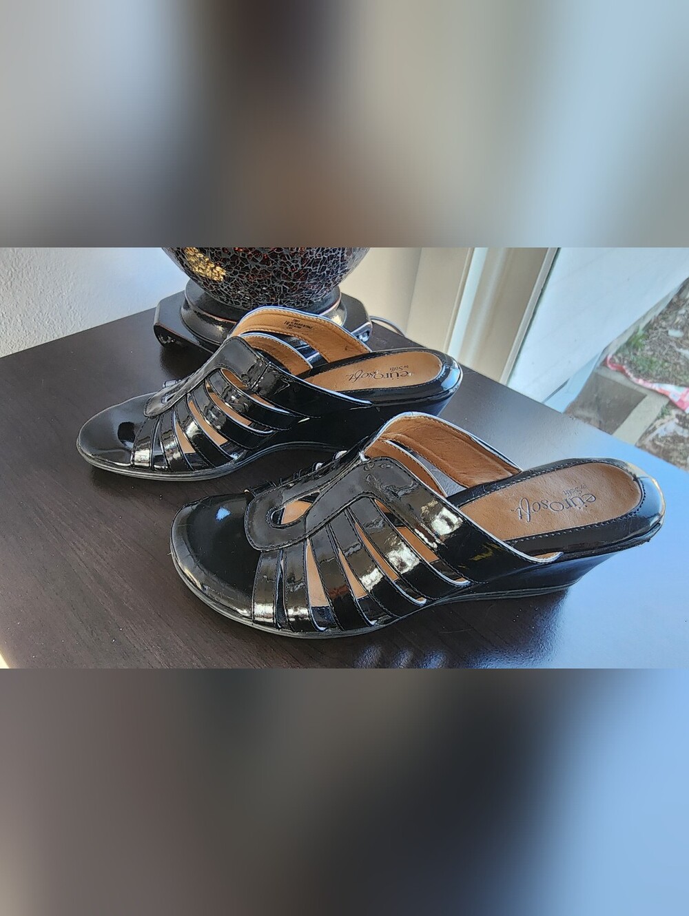 SOFFT 8 M Brown Patent Leather Slip on Strappy Wedge Sandals High Heels